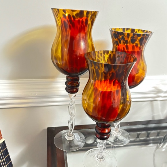 Vintage Twisted Amber Glass Pedestal Candle Holders Set of 3 - Picture 2 of 8